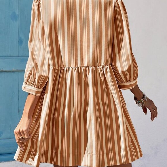 Women's Puff Sleeve Mini Dress Cotton Striped Casual Beach Summer Dress - Picture 3 of 5